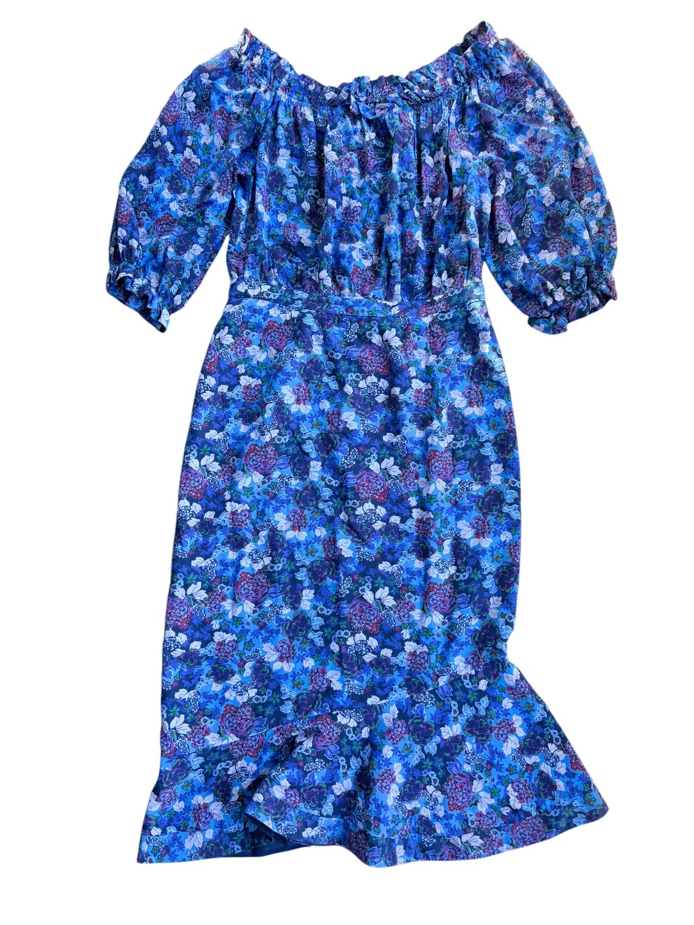 SALONI Blue Floral 100% Silk Ruffle Midi Dress Size 10 Feminine Sunday Best